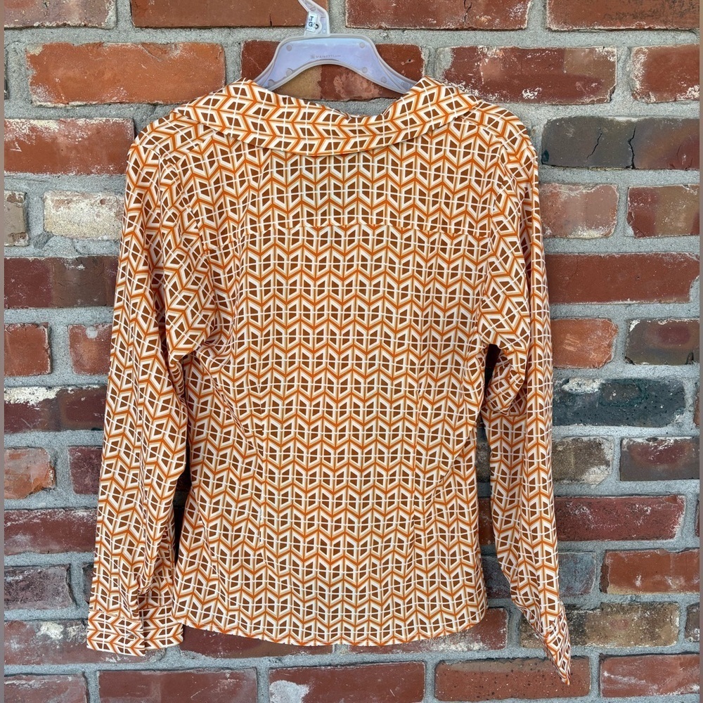 Ellison 70’s Style Orange Patterned Button Down Top Ruching - Picture 2 of 6